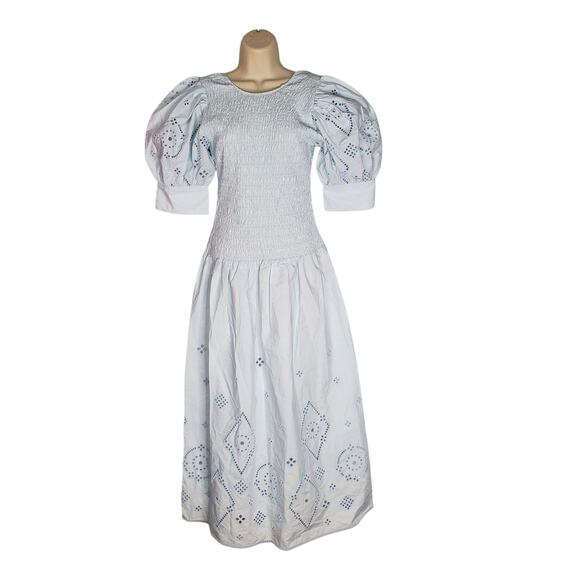 GANNI Broderie Anglaise Eyelet Cotton Midi Dress Light Blue Smocked Size 34 US 2 - Picture 3 of 12